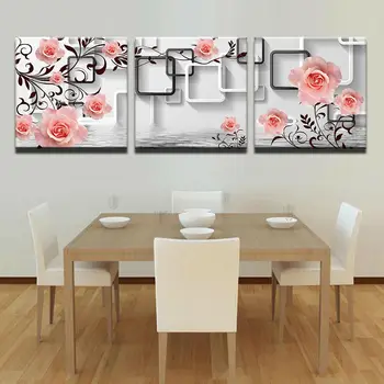 Modüler Resimler Oturma Odası Dekoratif 3 Adet Pembe Gül Çiçek HD Çerçeve Poster Tuval Boyama İçin Fotoğraf Duvar Soyut