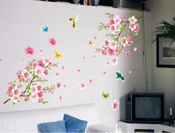 Büyük 9158 Zarif Çiçek Duvar Çıkartmaları Zarif Şeftali Çiçeği kuşlar Duvar Sticker Mobilyalar Oturma Odası Dekorasyonu Romantik