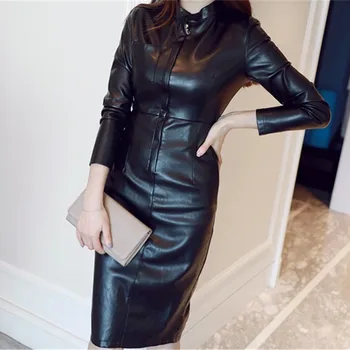 Yeni Kadın Kış PU Deri Elbise 1.386 OKXGNZ Sıcak Paket kalça Elbise Orta boy, Siyah İnce Seksi Deri Elbise Akın Sonbahar