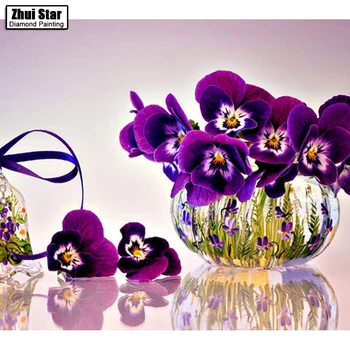 5D DİY Elmas mozaik elmas nakış Mor çiçek ve vazo işlemeli Çapraz Dikiş Ev Dekorasyonu Hediye