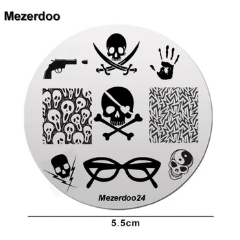 Punk Tarzı Kafatası Desenleri Mezerdoo24 Şablon Resim Plaka Gözlük Silah Desen 5.5 CM Yuvarlak Tırnak Damga Araçları Damgalama Sanat Tırnak