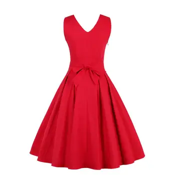 JLİ OLABİLİR Vintage derin v-boyun kırmızı elbise kadın 50s yaz kuşaklı Top seksi akşam parti Mavi artı boyutu kolsuz elbise Elbise
