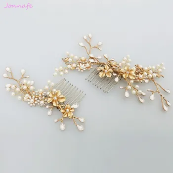 Jonnafe Yeni Tasarım Altın Dal Çiçek Saç Tarağı İnci Düğün Takı Saç Aksesuarları Bağbozumu Gelin Tarak Şapkalar
