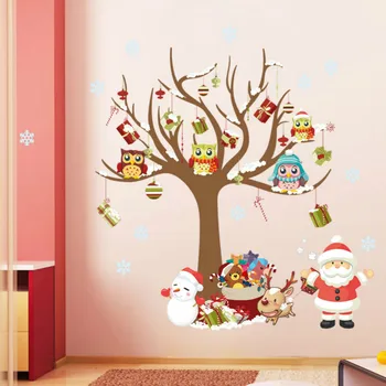 Yeni Noel Baba Hediye Duvar Sticker Sanat Çıkartmaları Noel Ağacı Kardan Adam Baykuş Ev Dekorasyon Adesivos De Natal Parti Malzemeleri Veren