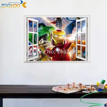 Çocuk Odası Ev Dekorasyonu Çizgi Film Duvar İçin 3d Etkisi Sahte Pencere Duvar Çıkartmaları Diy Sanat Duvar Pvc Lego Posterleri Çıkartmaları
