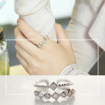 Kadınlar için Kore Gerçek 925 Gümüş çok Katmanlı Kristal Yüzük takı Düğün Ayarlanabilir Yüzük Yüzük sterling Gümüş Moda