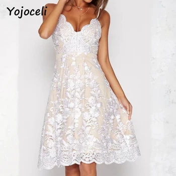 Yojoceli V boyun nakış dantel parti elbise marka kadın çiçek resmi askısı beyaz elbise vestidos Zarif diz boyu elbise Seksi