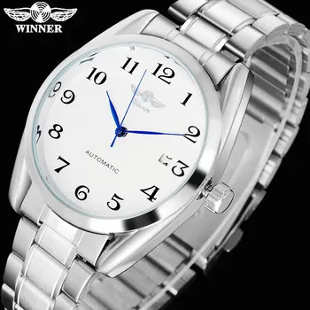 2017 KAZANAN ünlü marka erkek moda otomatik kendinden rüzgar şeffaf cam beyaz kadran Gümüş durumda paslanmaz çelik bant saatler