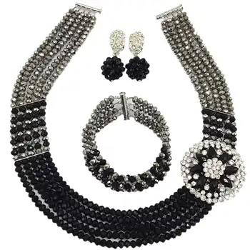 Moda Siyah Gümüş Kristal Kolye Afrika Boncuk Takı 5C Nijeryalı Düğün Takı Setleri-SXJB031 Set Boncuklu