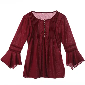 Moda Kadın Gevşek 3/4 Kollu Gömlek Tops Casual Pamuk Yaz Gömlek Üstleri Düz Renk Mor Şarap Kırmızı Bluz Bluz