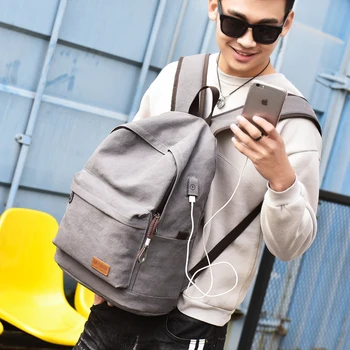 Genç inç Laptop İçin MANJİANGHONG Erkekler Tuval Sırt çantası USB Okul Sırt çantası Çanta Sırt çantası Erkek Rahat Sırt çantası Seyahat sırt çantasından tutun