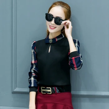 Sonbahar 2016 Yeni Gelenler ve Kış Bluz Kadınlar Üstler Kore Kadın Uzun Kollu İnce İnce Renkli Ekose Gömlek 39J 30