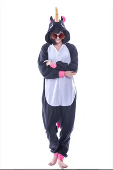 Yeni Yetişkin Hayvan Pijama Kostüm Cosplay Unicorn Kıyafetler siyah Pijama Sleepsuit Tulum Tulum