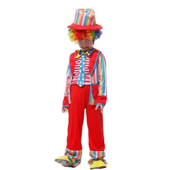 M-XL Erkekler Kızlara Komik Sirk Ceket Çocuklar Çocuk Bayramı Komik Sirk Kıyafetleri Kostümleri Palyaço+Kolsuz Gömlek+Pantolon Şapka+