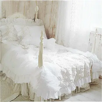 Sıcak 4 adet/Romantik beyaz dantel düğün yatak lüks yatak odası tekstil yatak seti Prenses Nevresim takımı yatak rose set
