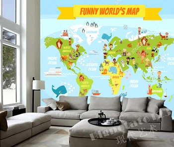 Çocuklar için çeşitli uluslardan ve hayvanların insanlarla çocuk duvar kağıdı, Komik karikatür dünya haritası ve kızlar Odası Yatak Odası