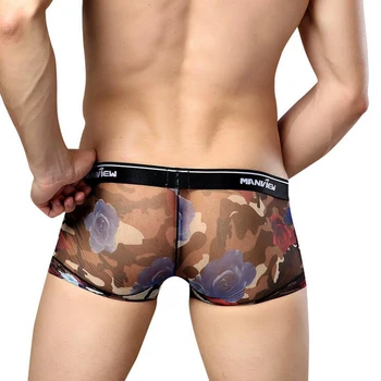 KWAN.Z marka erkek iç çamaşırı baskılı boxer erkek eşcinsel erkekler seksi iç çamaşırı iplik net ultra-ince düz boksörler cueca homme seks erkek Gül