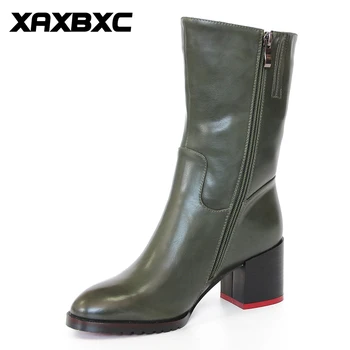 XAXBXC Retro İngiliz Tarzı Deri Brogues Yeşil Kısa Çizme Kadın Ayakkabı Oxfordlar Kalın Topuk Ayak el Yapımı Rahat Bayan Ayakkabı Sivri