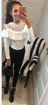 BKLD Kadın Omuz Üstleri Zarif Moda Fırfır Gömlek Sonbahar Kapalı Çiçek Dantel Beyaz Bluz Kadın Uzun Kollu Seksi Hollow Out