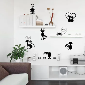 DİY Siyah Karikatür Kedi çok Amaçlı Duvar Sticker Anahtarı Çıkartma Oturma Odası Çocuk Kreş Ev Dekoratif Etiket Düzeni