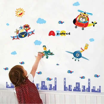 Karikatür hayvan pilot şehir bina duvar çıkartmaları çocuk odası için dekor diy sanat duvar çıkarılabilir Duvar sticker